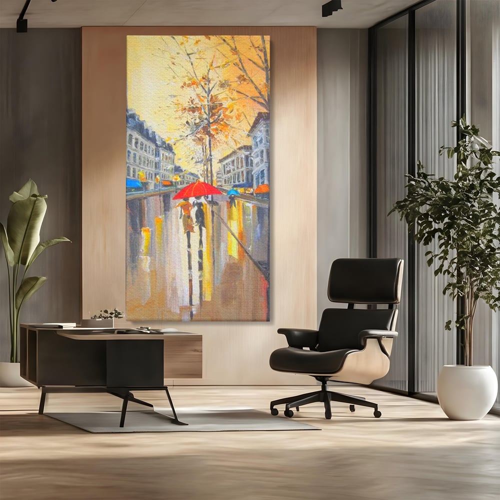 Tablou canvas cu tablou canvas cu peisaj urban ploios, fara rama, pe sasiu de lemn, pe perete intr-un birou